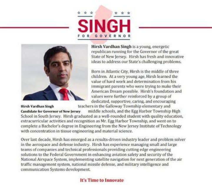 Hirsh Vardhan Singh announces gubernatorial candidacy in New Jersey