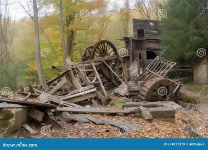 Ruined Mill with Broken Machinery and Fallen Timbers Lying in Disarray