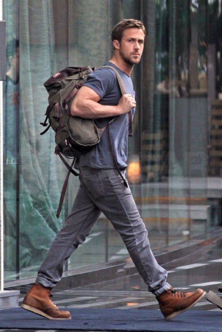 Ryan Gosling wearing Red Wing Heritage 6 Moc Toe Boots in OroLegacy
