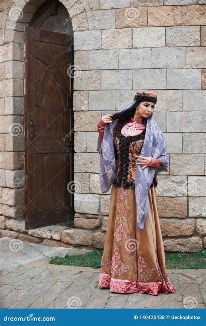 Young Azeri Woman in Traditional Azerbaijani Clothes Stock Photo